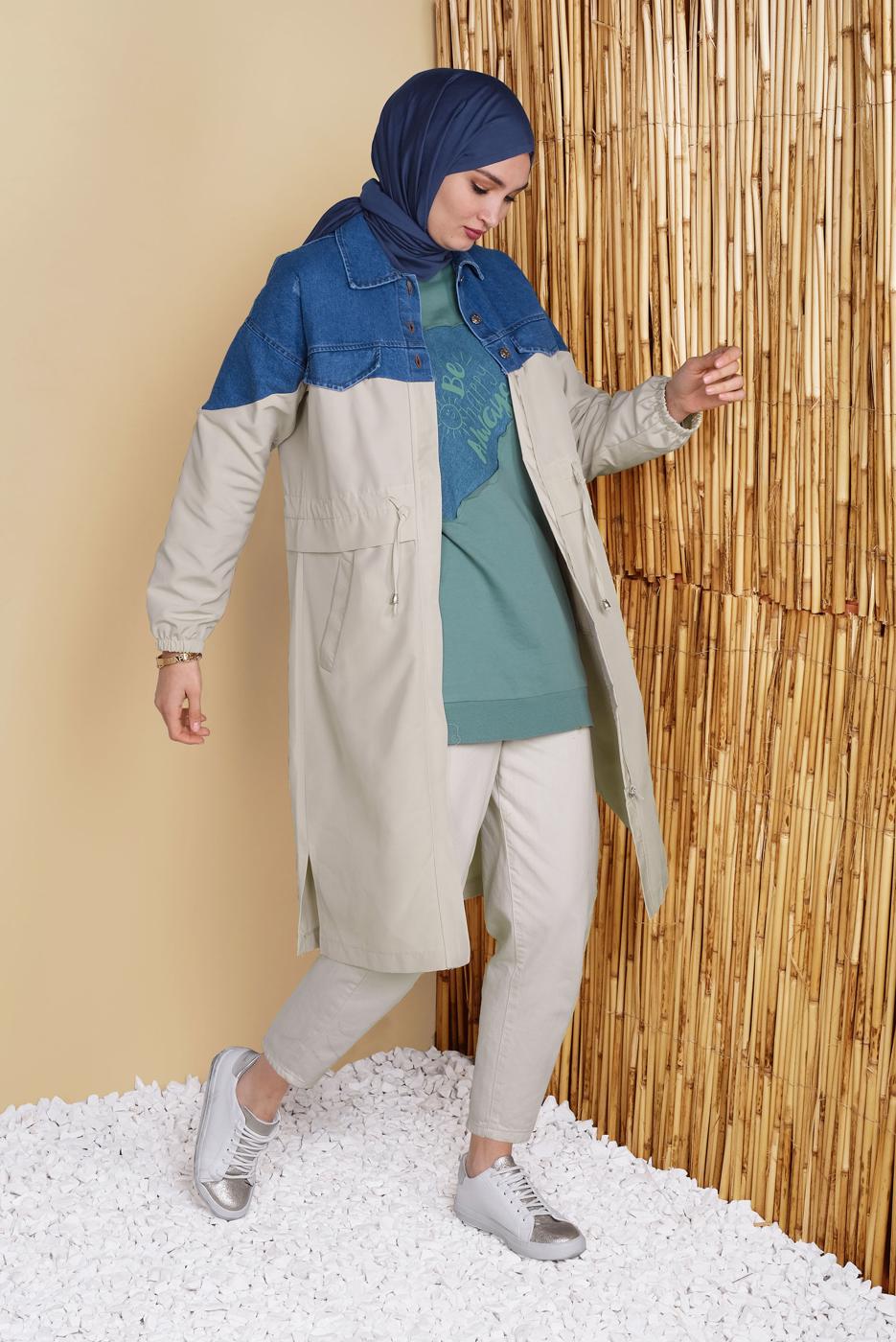 Vêtements hijab VERT TUNIQUE DÉTAILLÉE EN DENIM IMPRIMÉ ÉCRIT 971