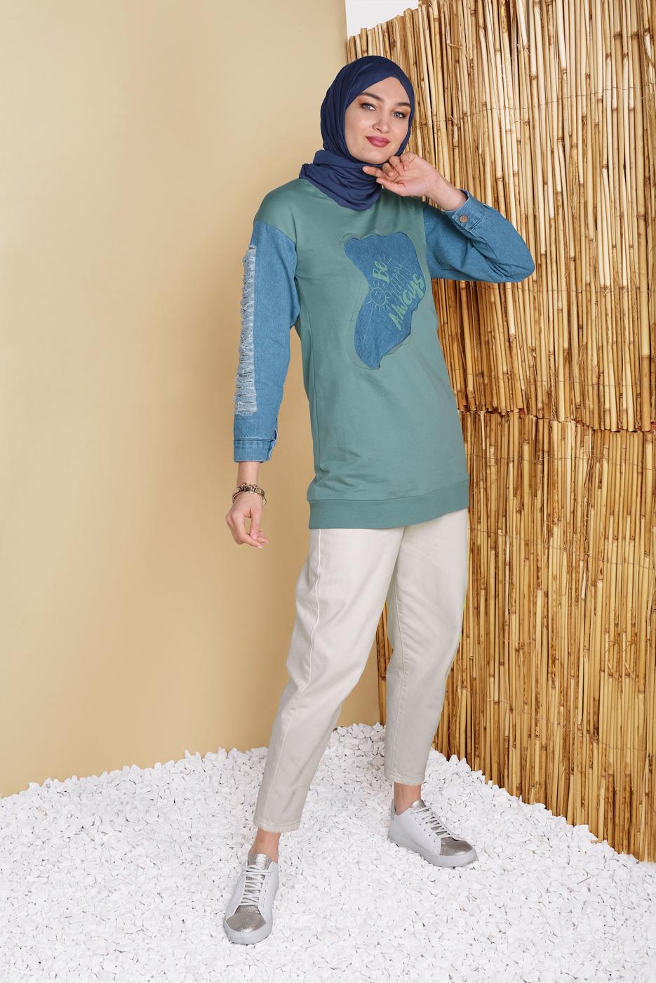 Hijab clothing GREEN DENIM DETAIL PRINTED TUNIC 971 