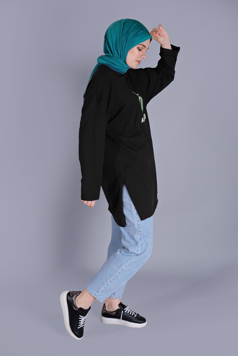 Hijab clothing BLACK AVOCADO PRINT DETAILED TUNIC 1104 