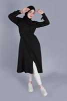 Tesettür giyim SİYAH MANŞETLERİ BAĞLAMA DETAYLI UZUN TUNİK  1334 