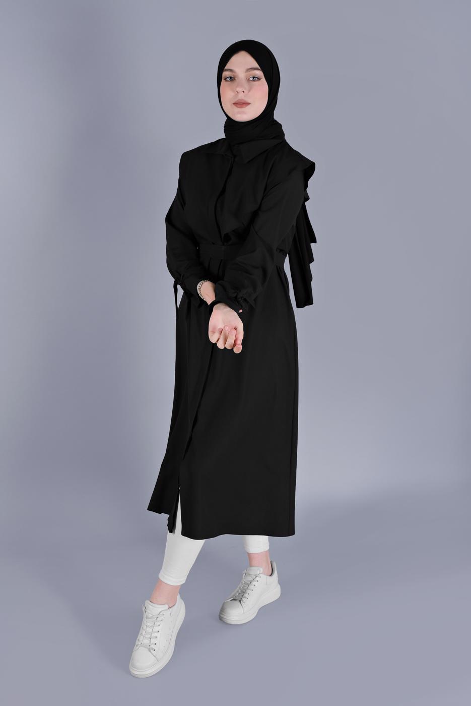 Tesettür giyim SİYAH MANŞETLERİ BAĞLAMA DETAYLI UZUN TUNİK  1334 