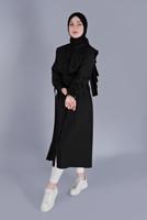 Tesettür giyim SİYAH MANŞETLERİ BAĞLAMA DETAYLI UZUN TUNİK  1334 