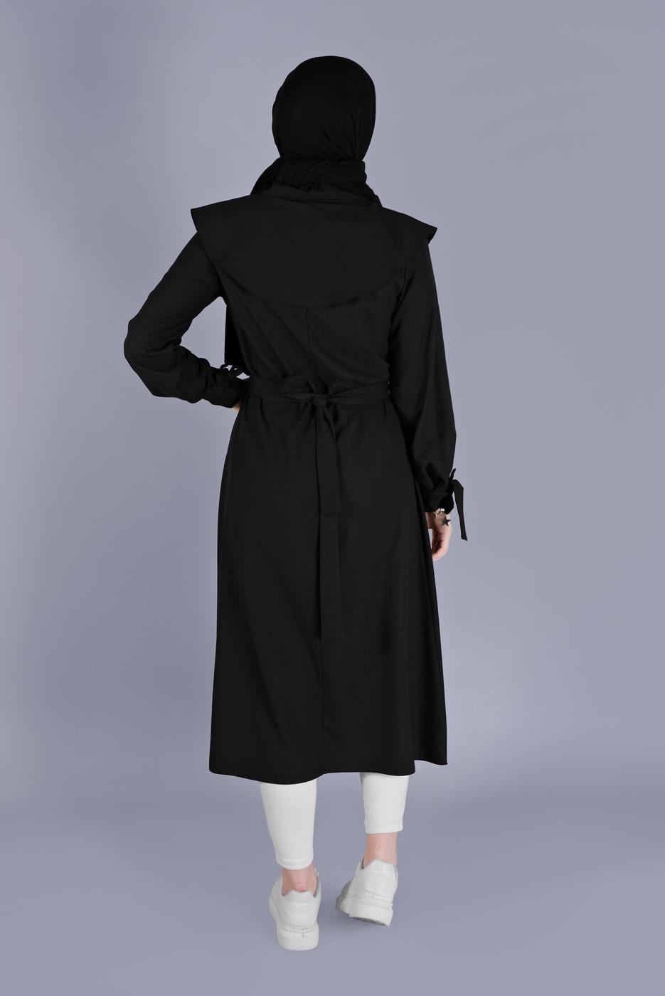 Tesettür giyim SİYAH MANŞETLERİ BAĞLAMA DETAYLI UZUN TUNİK  1334 