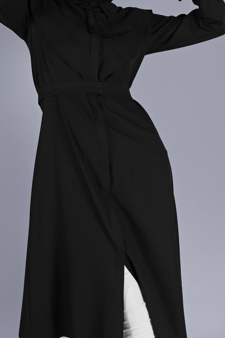 Tesettür giyim SİYAH MANŞETLERİ BAĞLAMA DETAYLI UZUN TUNİK  1334 