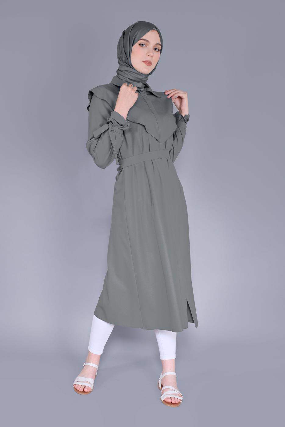 Tesettür giyim GRİ MANŞETLERİ BAĞLAMA DETAYLI UZUN TUNİK  1334 