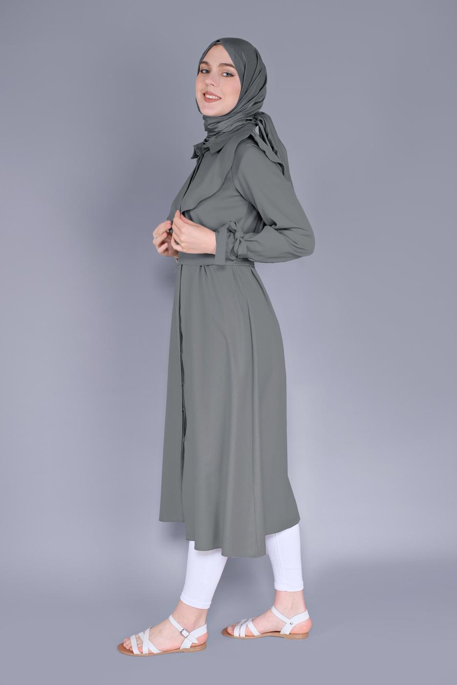 Tesettür giyim GRİ MANŞETLERİ BAĞLAMA DETAYLI UZUN TUNİK  1334 