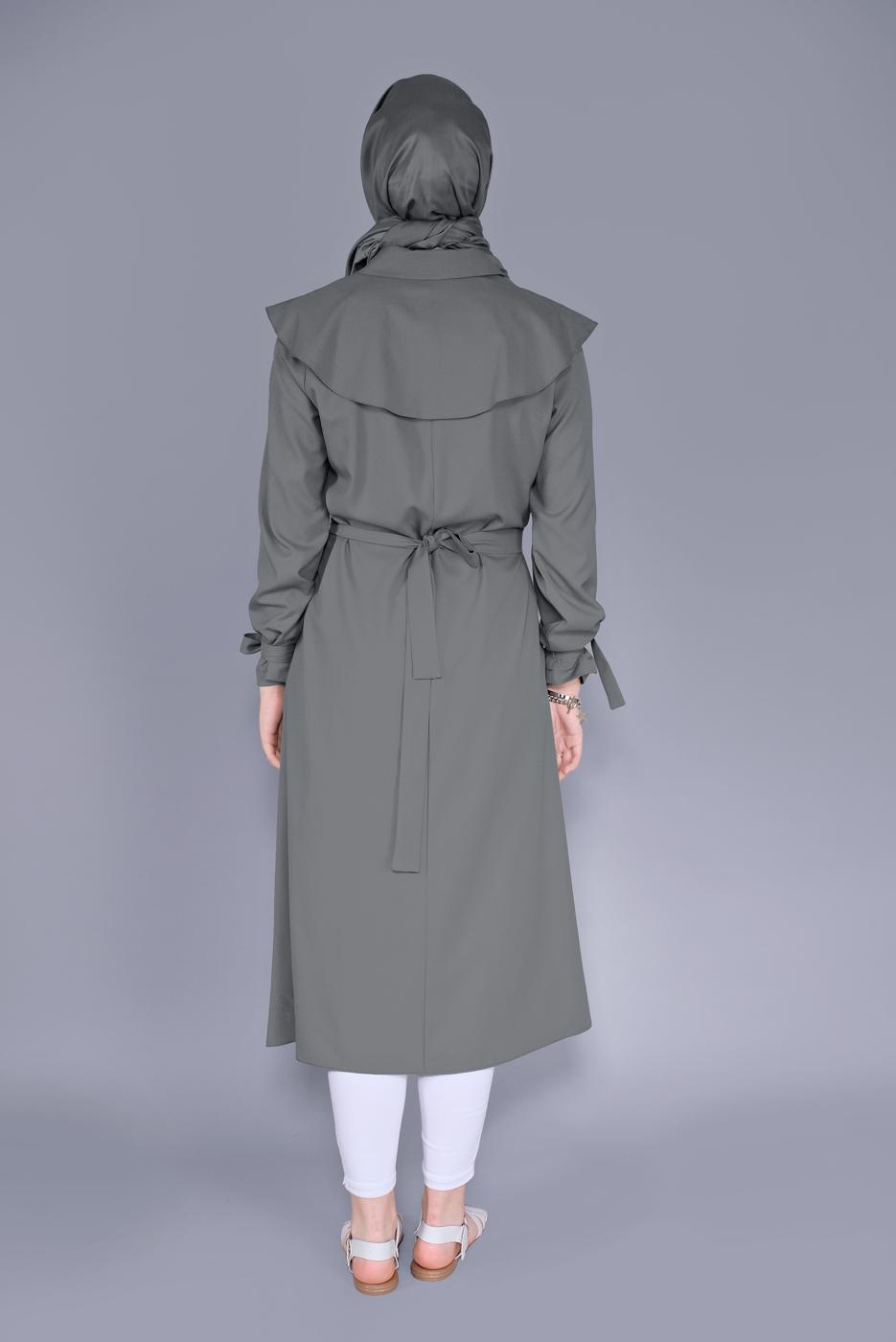 Tesettür giyim GRİ MANŞETLERİ BAĞLAMA DETAYLI UZUN TUNİK  1334 