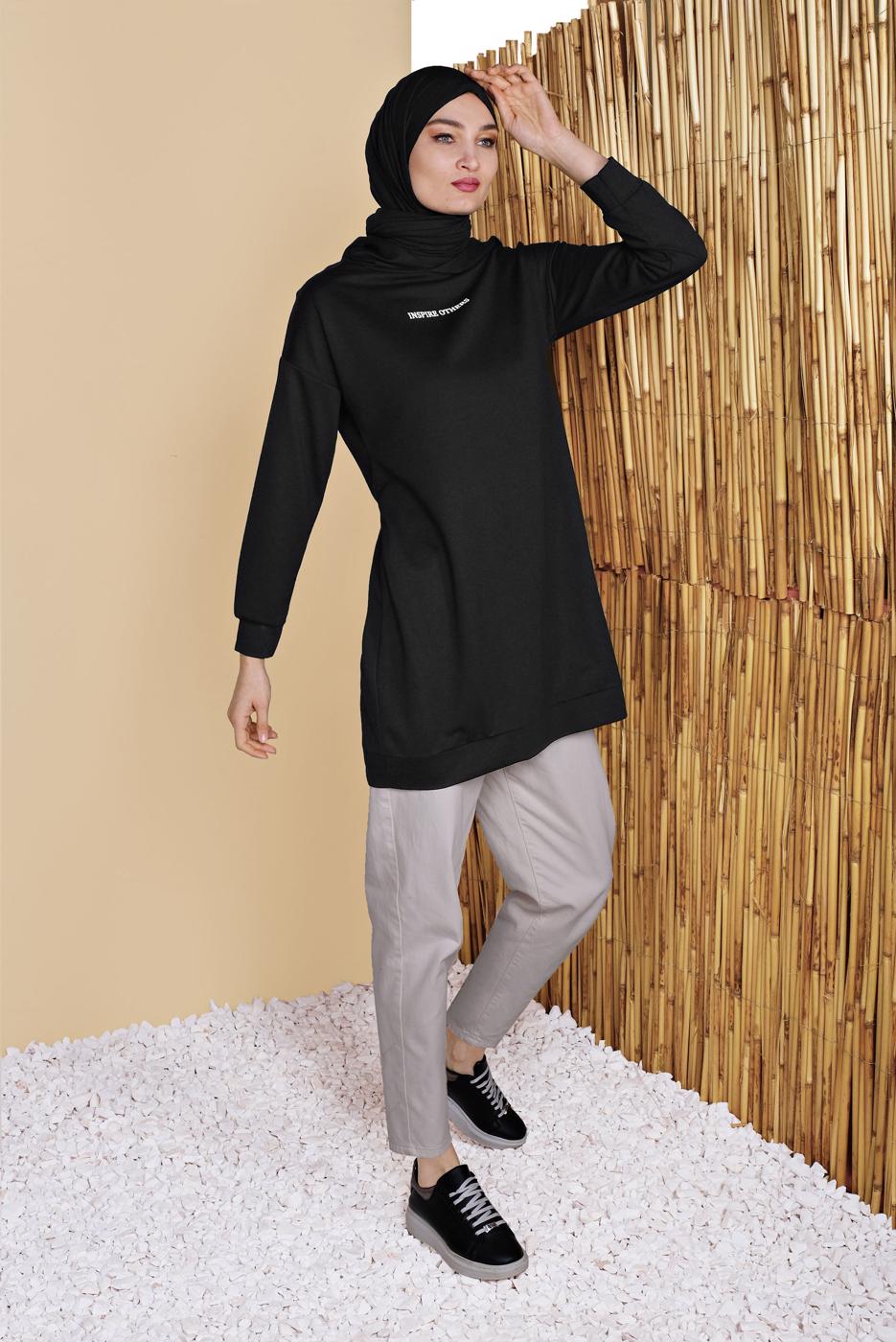 Tesettür giyim SİYAH KAPÜŞONLU BASİC EŞOFMAN TUNİK 1456 