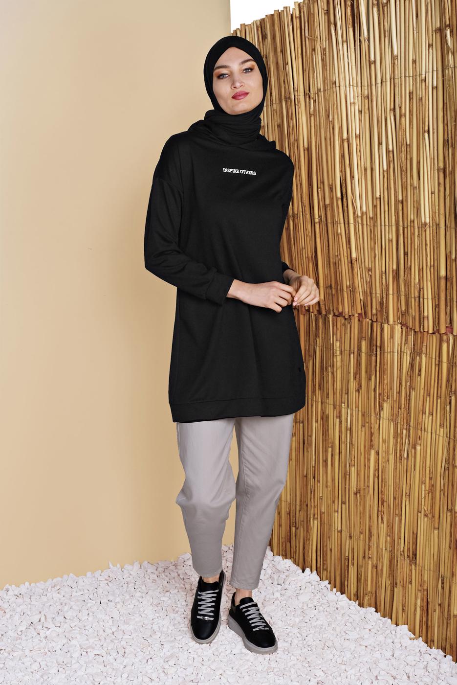 Tesettür giyim SİYAH KAPÜŞONLU BASİC EŞOFMAN TUNİK 1456 