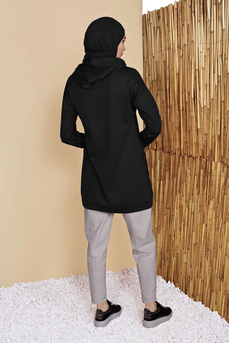 Tesettür giyim SİYAH KAPÜŞONLU BASİC EŞOFMAN TUNİK 1456 