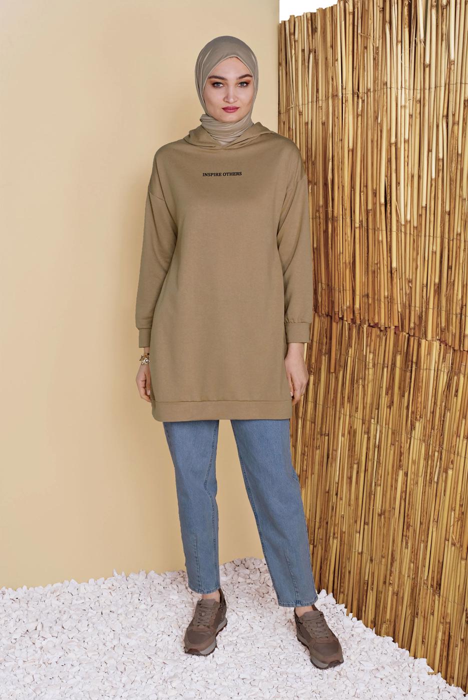 Tesettür giyim BEJ KAPÜŞONLU BASİC EŞOFMAN TUNİK 1456 