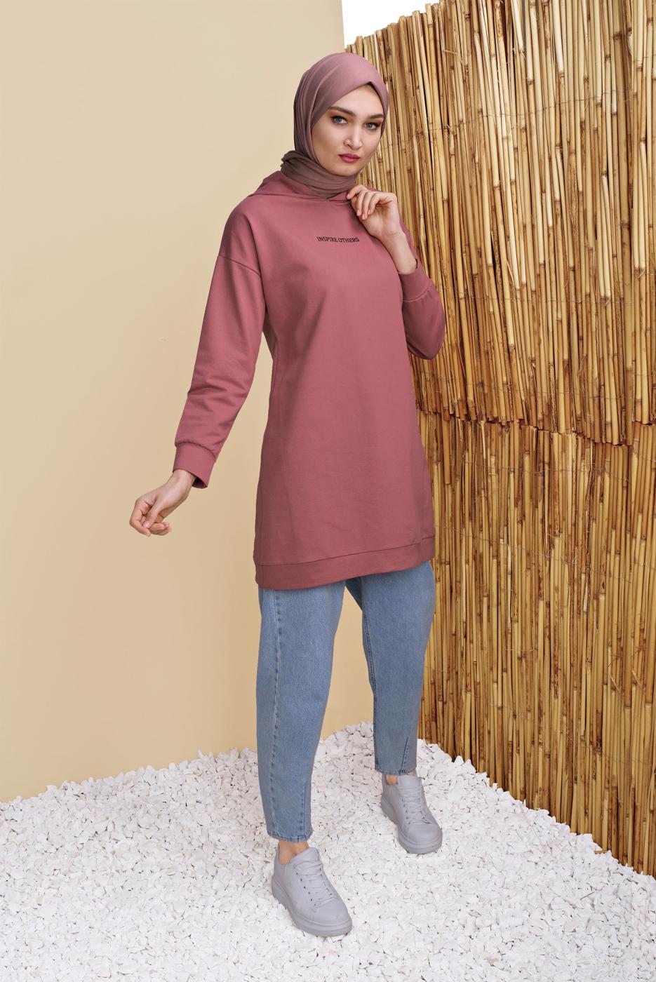 Tesettür giyim PUDRA KAPÜŞONLU BASİC EŞOFMAN TUNİK 1456 