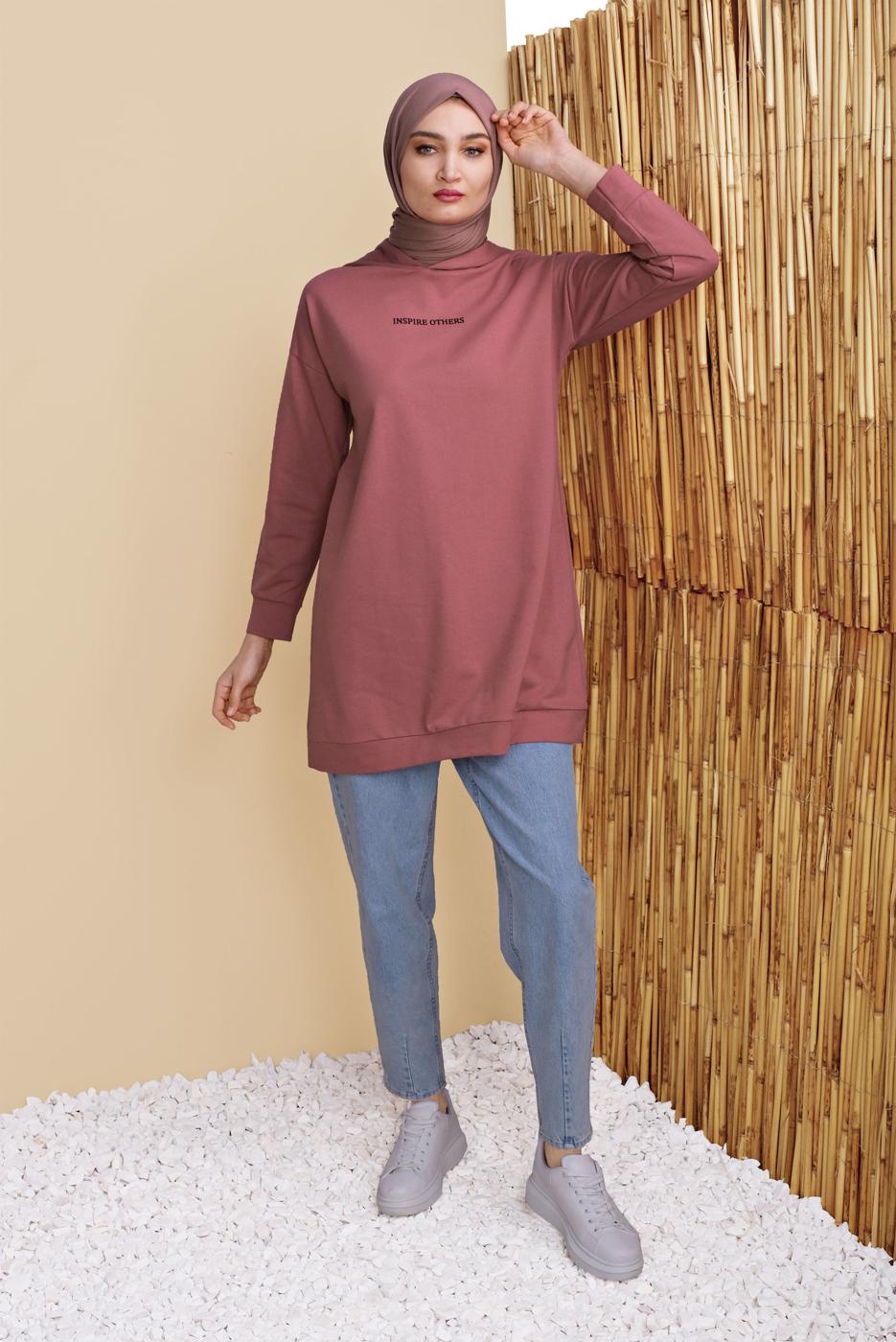 Tesettür giyim PUDRA KAPÜŞONLU BASİC EŞOFMAN TUNİK 1456 