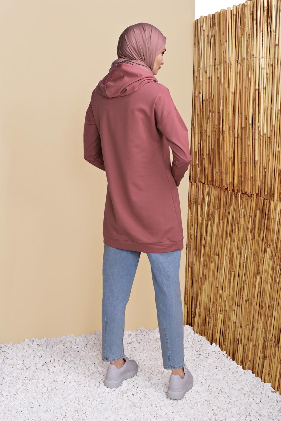 Tesettür giyim PUDRA KAPÜŞONLU BASİC EŞOFMAN TUNİK 1456 