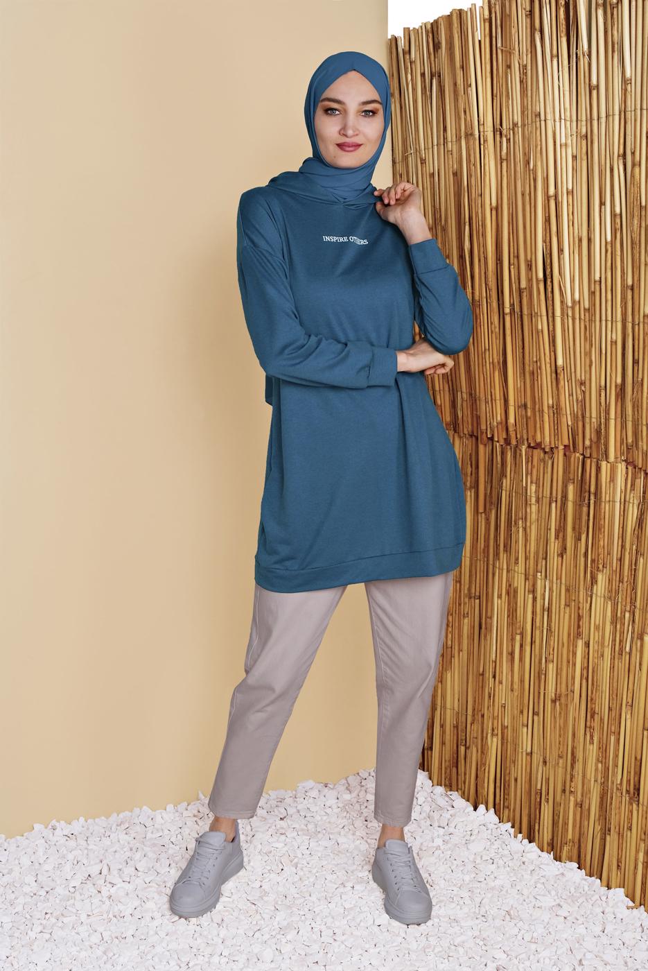 Tesettür giyim LACİVERT KAPÜŞONLU BASİC EŞOFMAN TUNİK 1456 