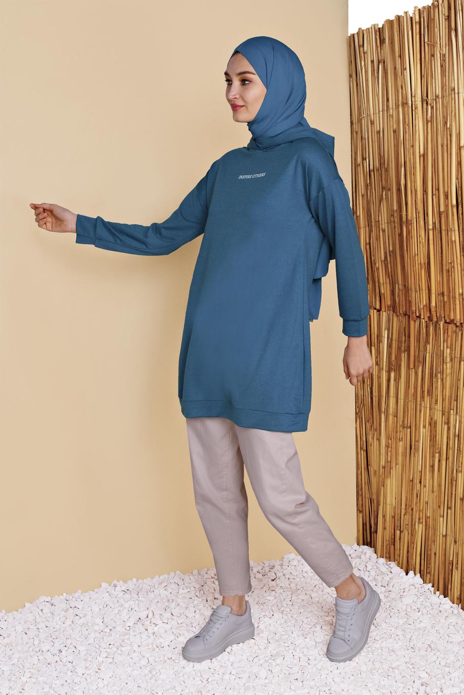 Tesettür giyim LACİVERT KAPÜŞONLU BASİC EŞOFMAN TUNİK 1456 