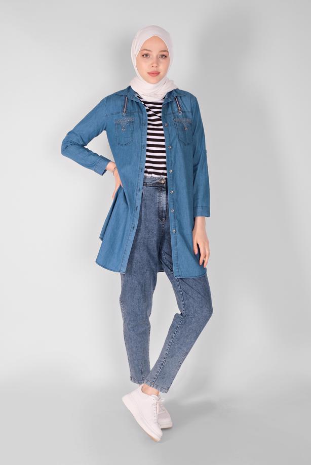 Hijab clothing  STONE PRINTED DENIM TUNIC  2024  - TRENDTESETTÜR