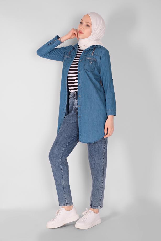 Vêtements hijab  STONE PRINTED DENIM TUNIC  2024  - TRENDTESETTÜR