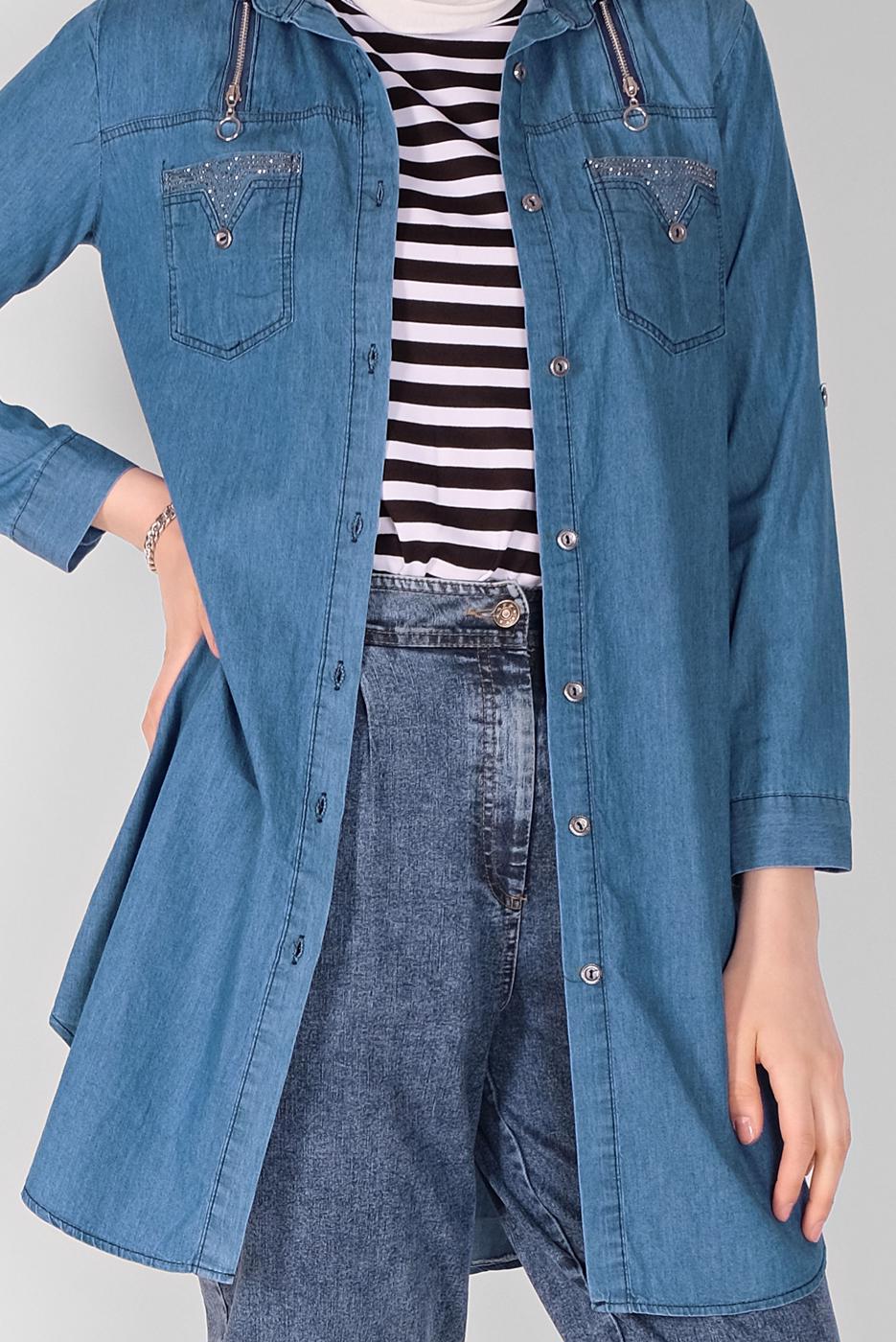 Tesettür giyim LACİVERT TAŞ BASKILI DENİM TUNİK 2024 