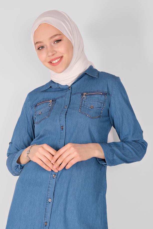 Hijab clothing  STONED POCKET DETAIL DENIM TUNIC 2025   - TRENDTESETTÜR
