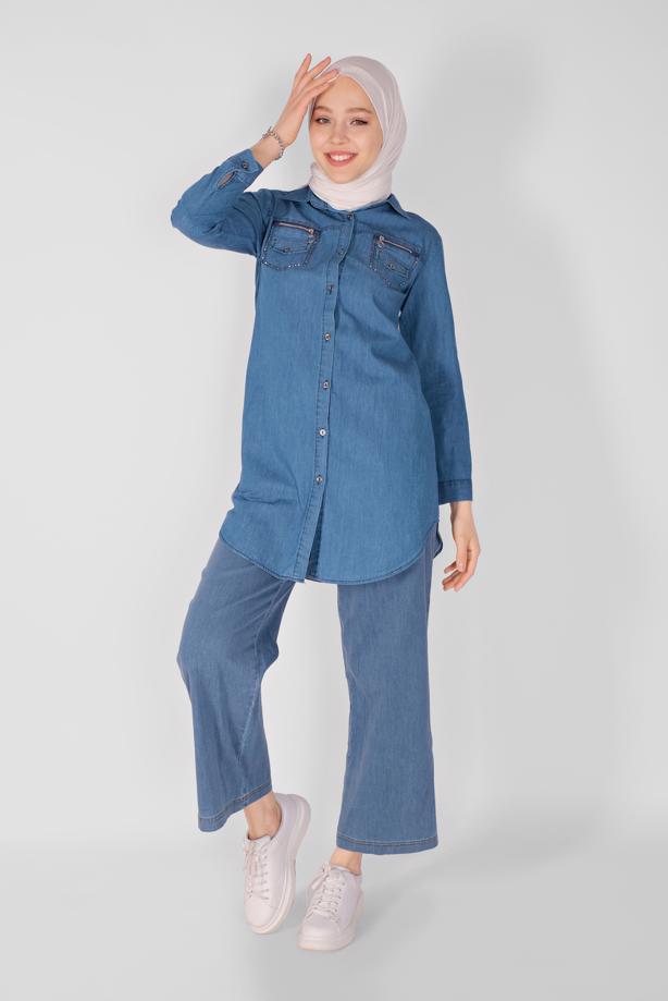 Vêtements hijab  STONED POCKET DETAIL DENIM TUNIC 2025   - TRENDTESETTÜR