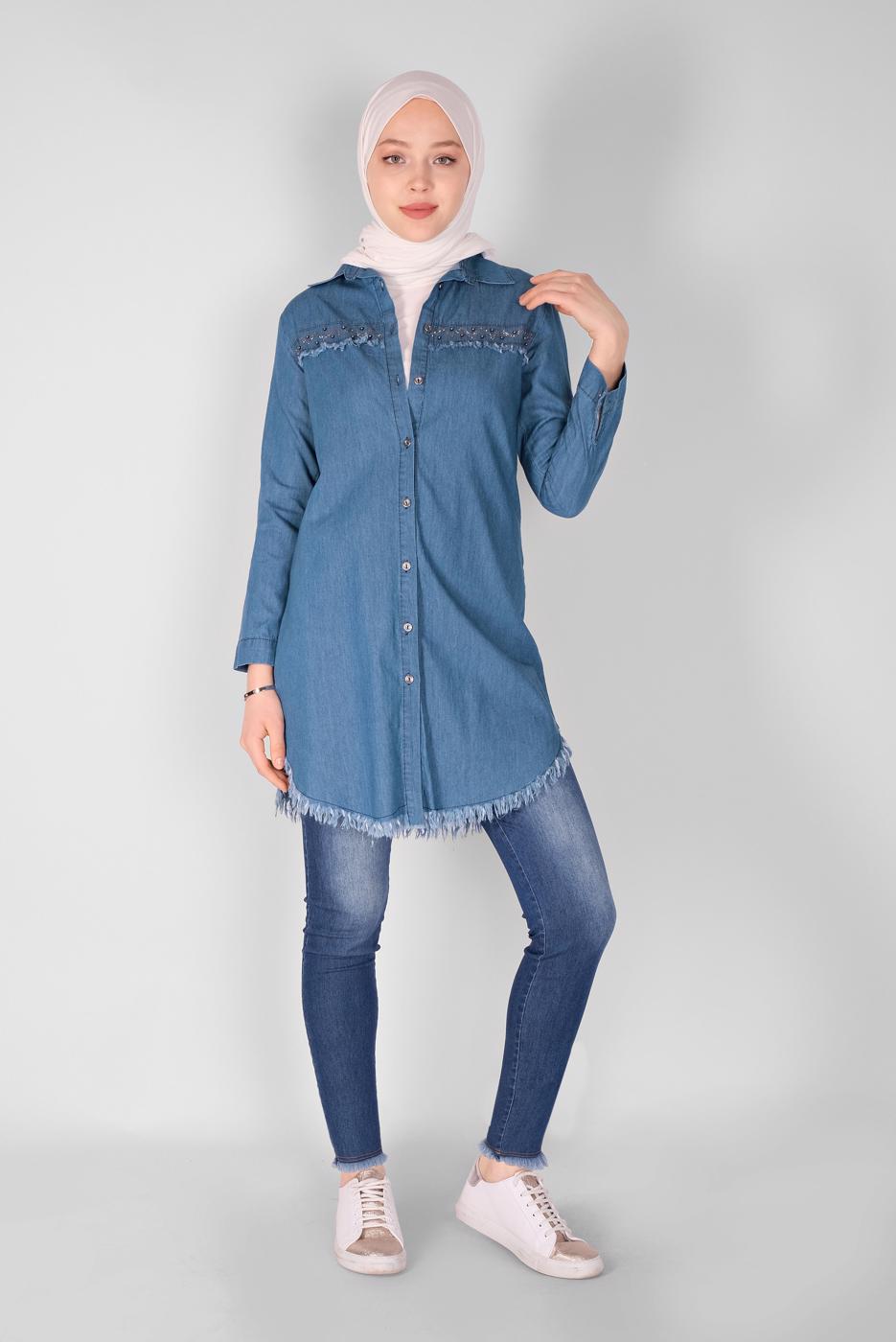 Hijab clothing NAVY BLUE BEADED DENIM TUNIC 2026	