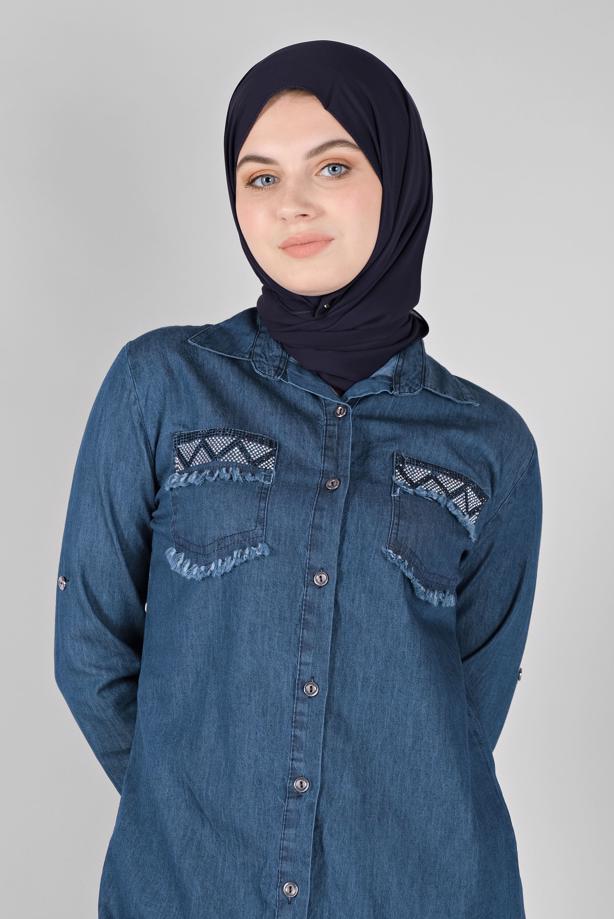Vêtements hijab  EMBROIDERED DENIM TUNIC  2030  - TRENDTESETTÜR