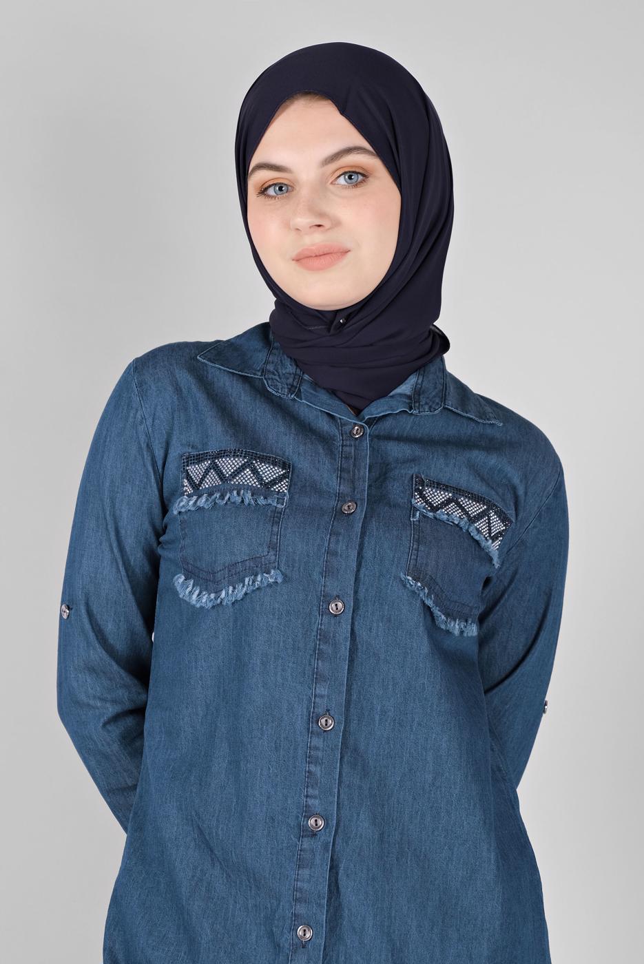 Vêtements hijab BLEU MARINE TUNIQUE EN JEAN BRODÉ  2030 