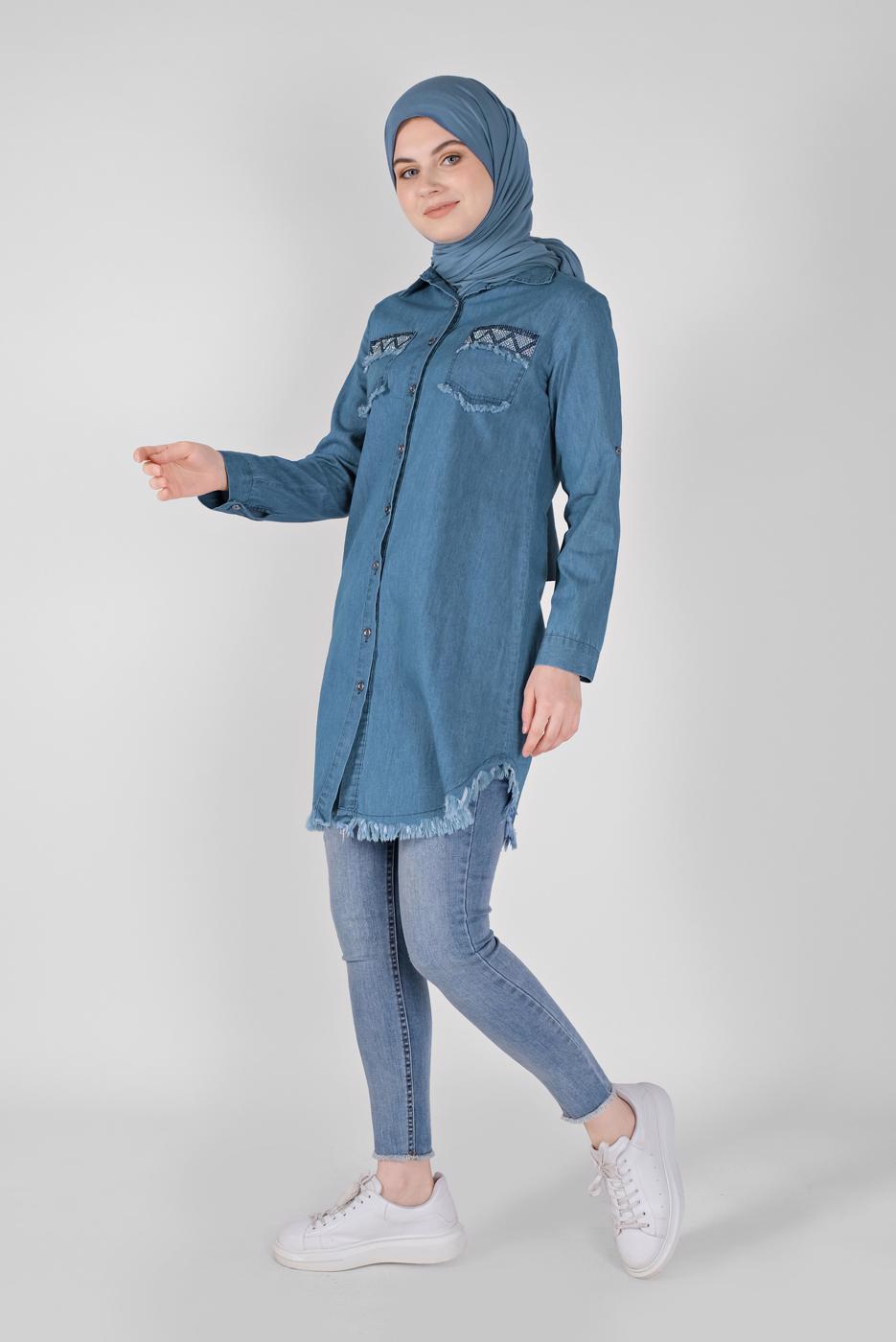 Hijab clothing NAVY BLUE EMBROIDERED DENIM TUNIC  2030 