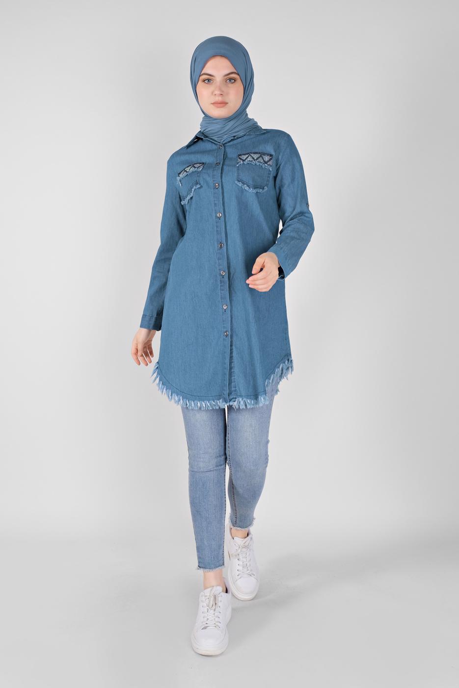 Vêtements hijab BLEU MARINE TUNIQUE EN JEAN BRODÉ  2030 