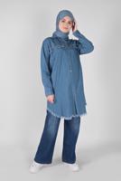 Tesettür giyim LACİVERT NAKIŞLI PÜSKÜLLÜ DENİM TUNİK 2031