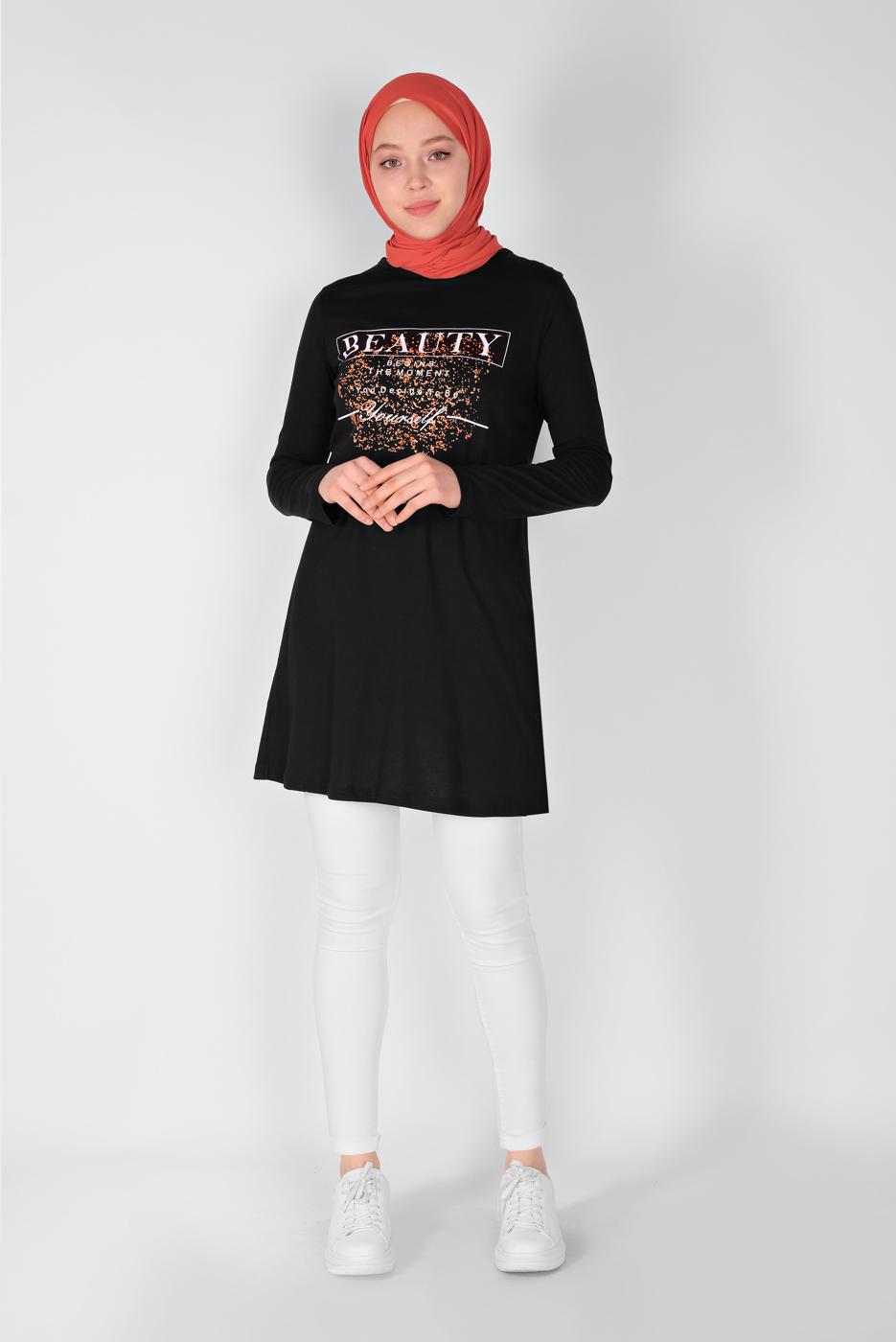 Vêtements hijab NOIR TUNIQUE IMPRIMÉE 2106 