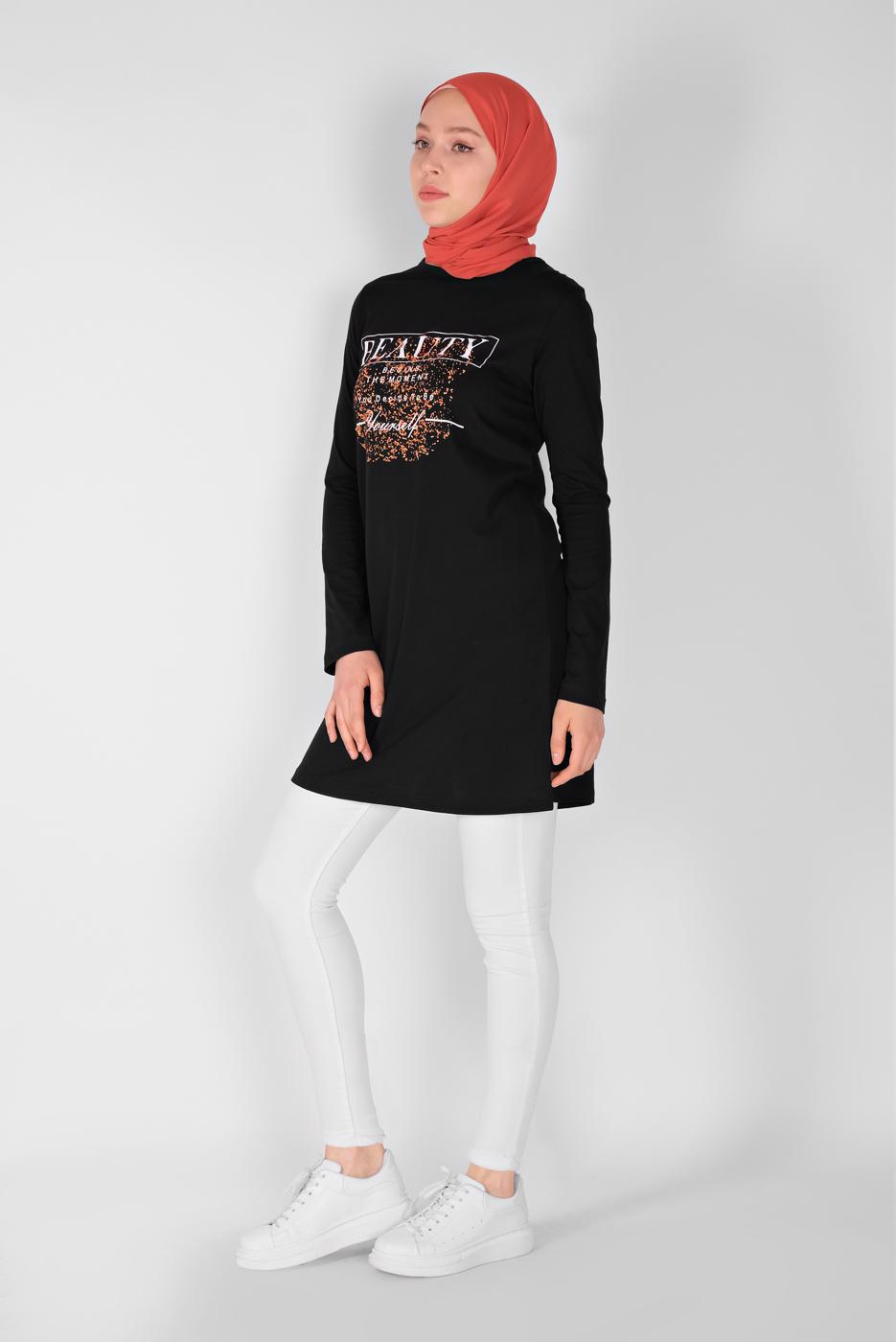 Vêtements hijab NOIR TUNIQUE IMPRIMÉE 2106 