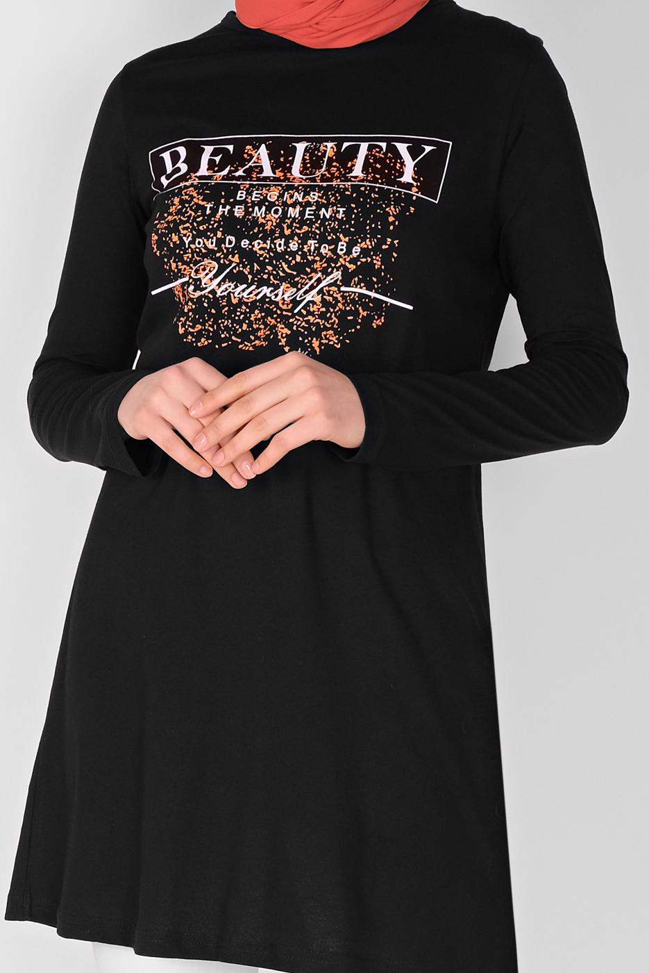 Vêtements hijab NOIR TUNIQUE IMPRIMÉE 2106 