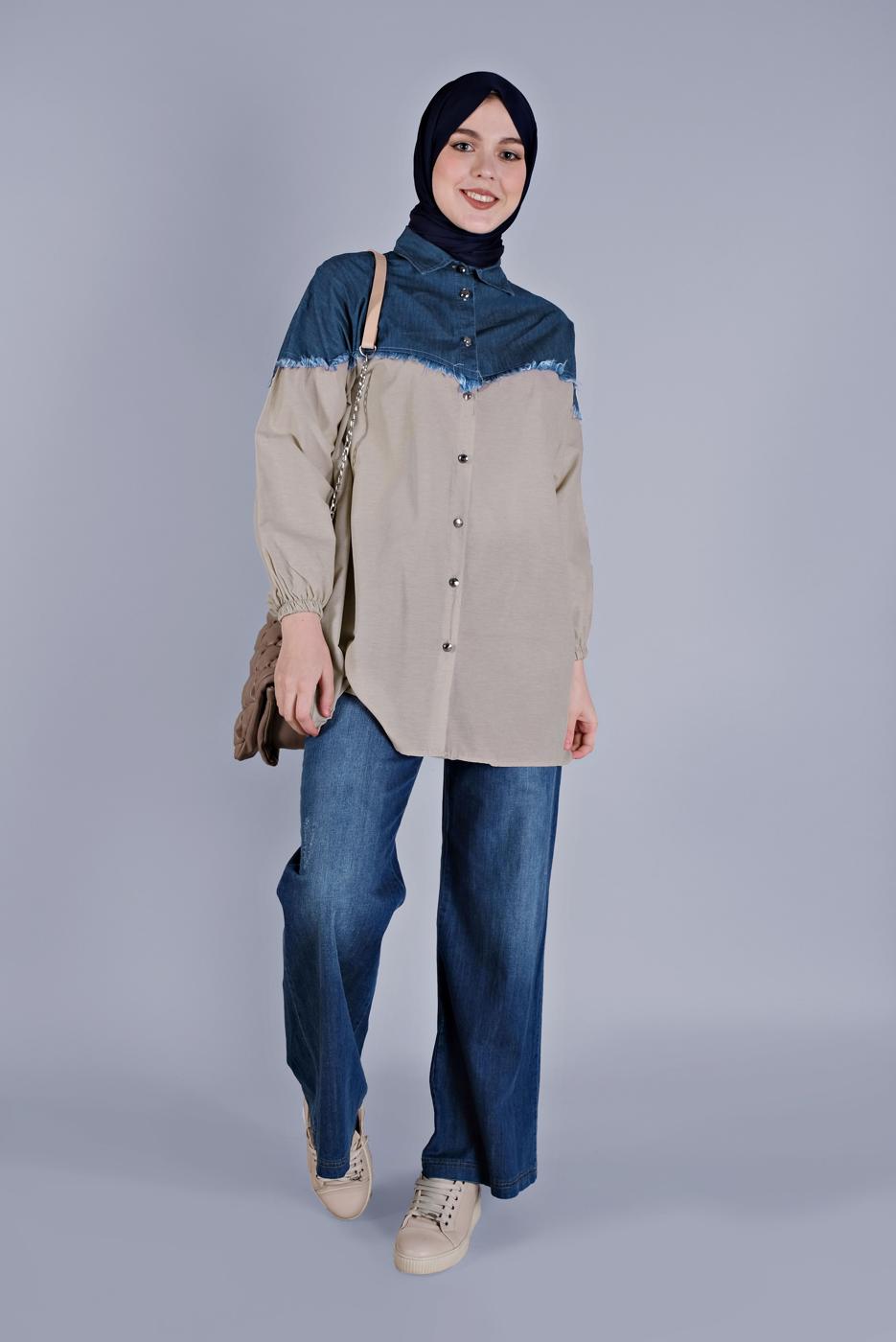 Tesettür giyim BEJ MİX KUMAŞLI PAMUKLU TUNİK  2626 
