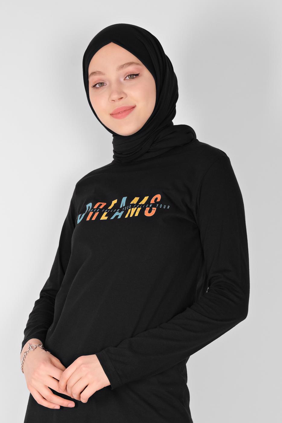 Hijab clothing BLACK PRINTED BASIC TUNIC  3106  