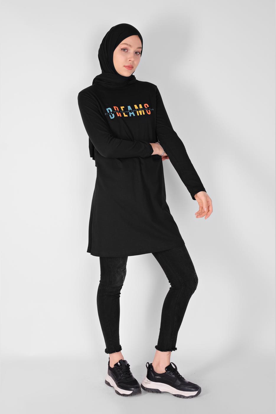 Hijab clothing BLACK PRINTED BASIC TUNIC  3106  