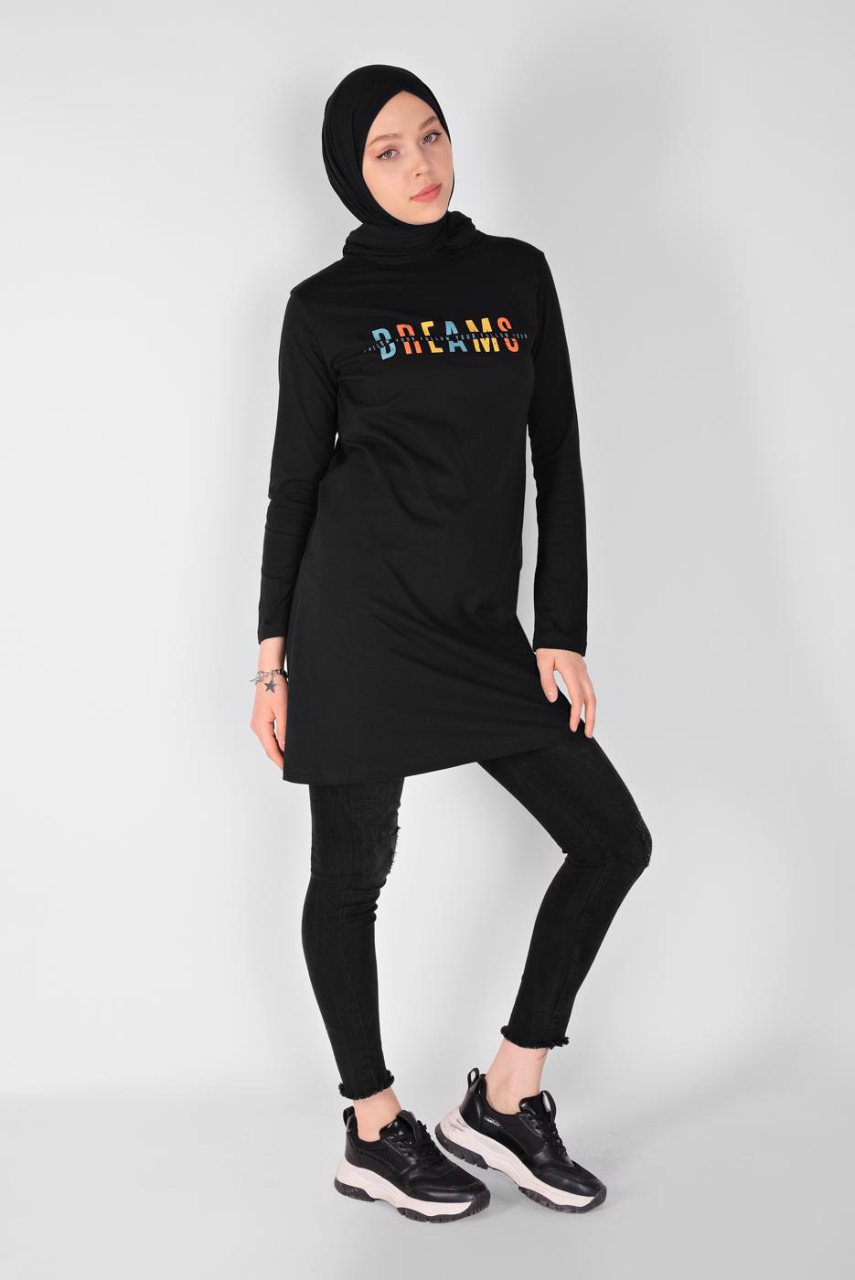 Hijab clothing BLACK PRINTED BASIC TUNIC  3106  