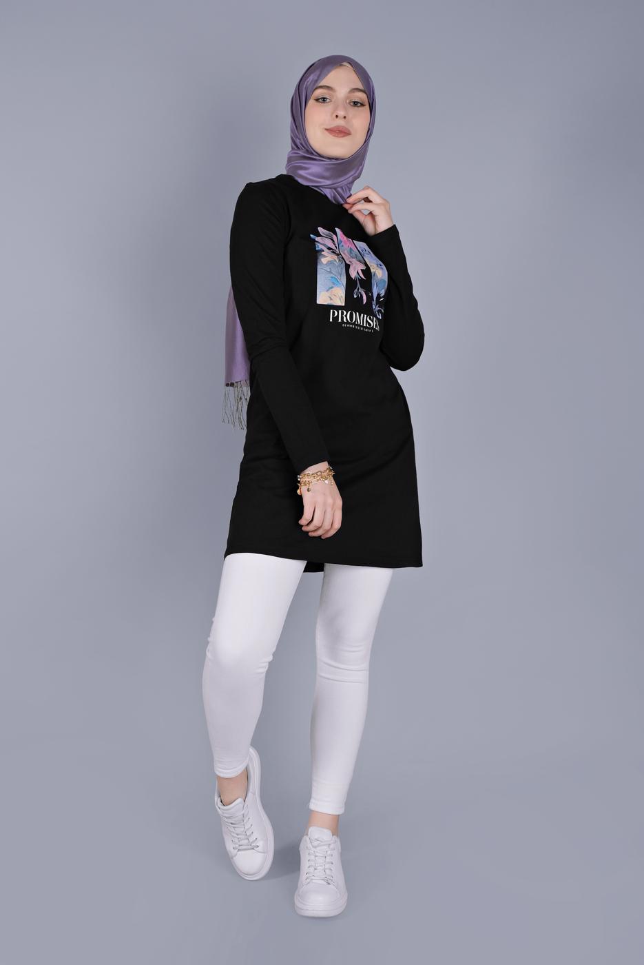 Vêtements hijab NOIR TUNIQUE À FLEURS EN COTON 3306
