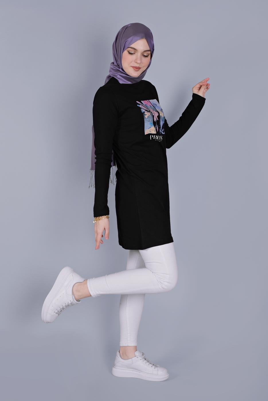 Vêtements hijab NOIR TUNIQUE À FLEURS EN COTON 3306
