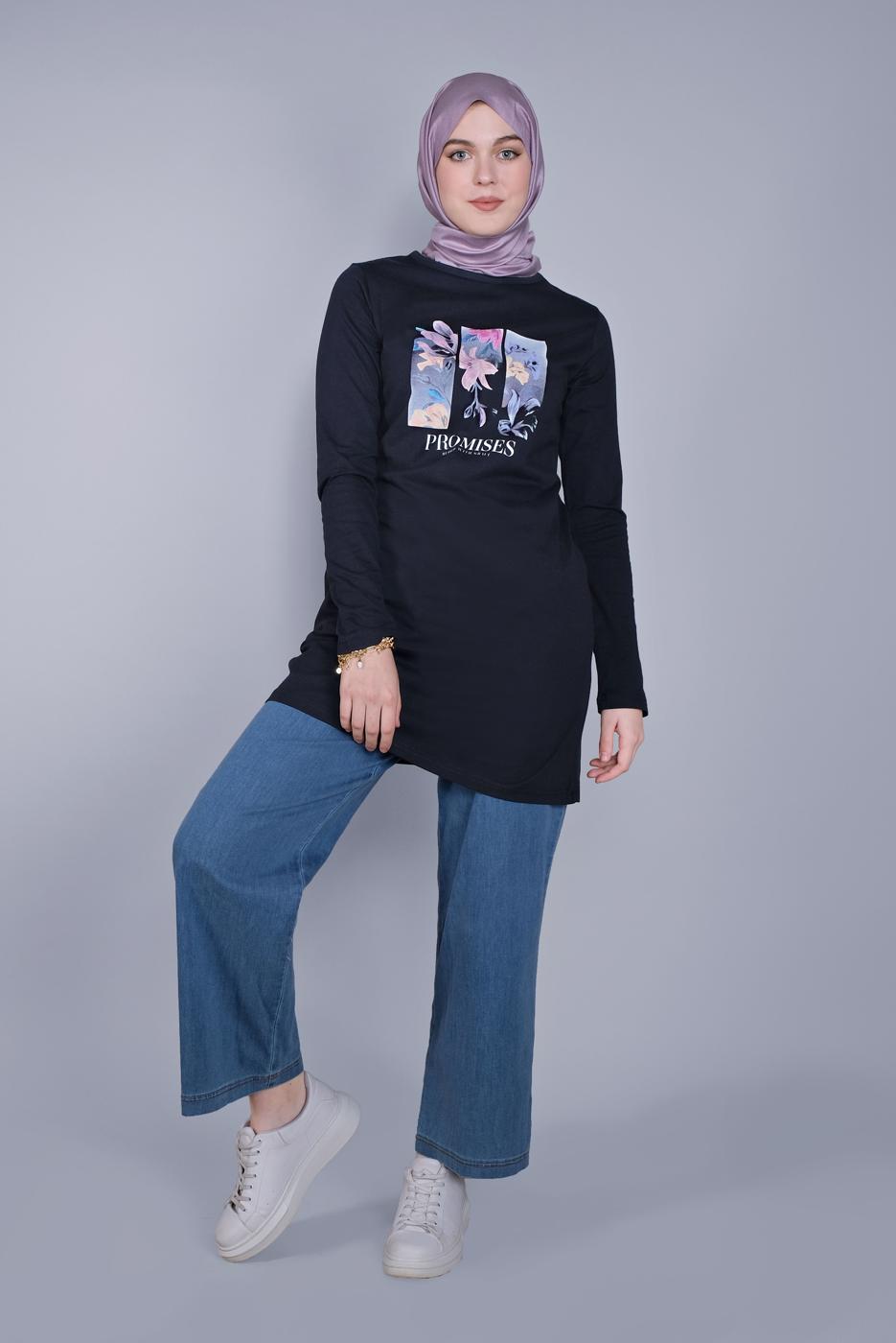 Vêtements hijab BLEU MARINE TUNIQUE À FLEURS EN COTON 3306