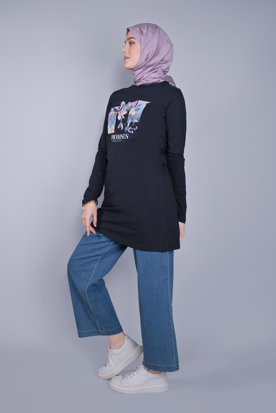 Vêtements hijab BLEU MARINE TUNIQUE À FLEURS EN COTON 3306