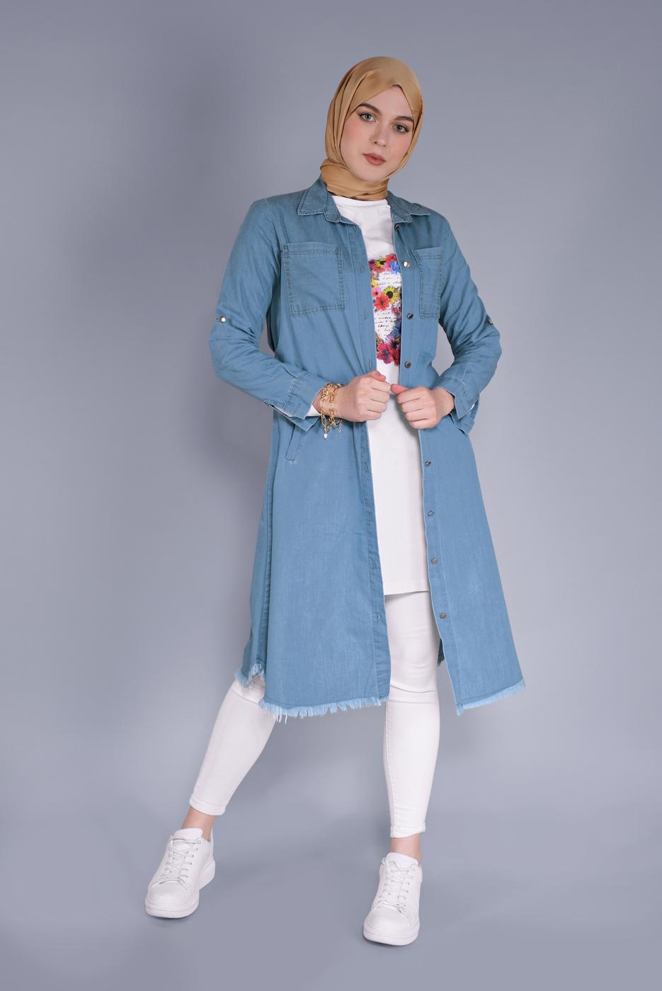 Tesettür giyim LACİVERT BOYDAN DÜĞMELİ DENİM TUNİK  33269 