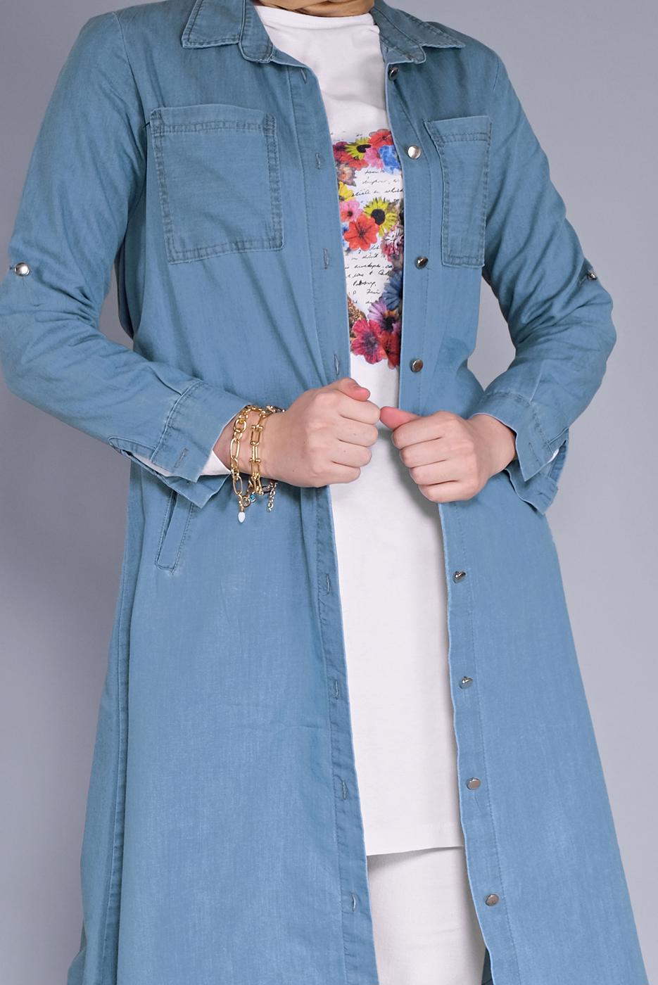 Tesettür giyim LACİVERT BOYDAN DÜĞMELİ DENİM TUNİK  33269 