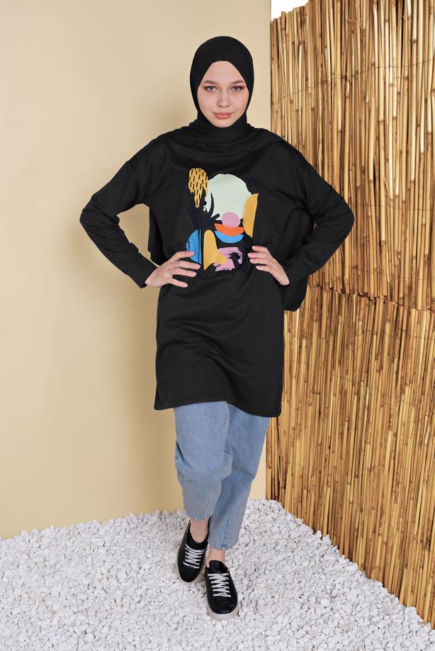 Vêtements hijab NOIR TUNIQUE DE SURVÊTEMENT IMPRIMÉ 3456 - TRENDTESETTÜR