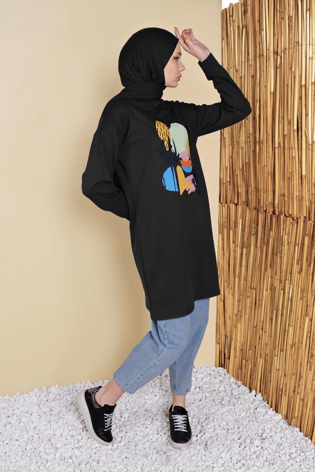 Vêtements hijab NOIR TUNIQUE DE SURVÊTEMENT IMPRIMÉ 3456 - TRENDTESETTÜR