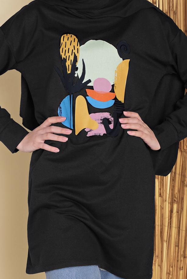 Vêtements hijab NOIR TUNIQUE DE SURVÊTEMENT IMPRIMÉ 3456 - TRENDTESETTÜR