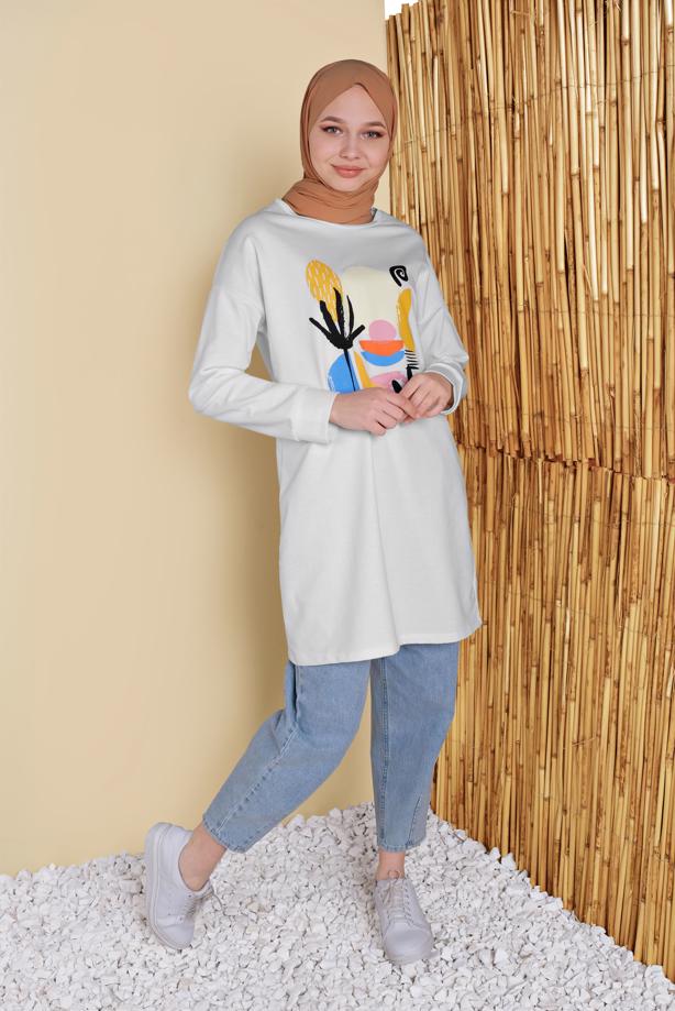 Vêtements hijab CRÈME TUNIQUE DE SURVÊTEMENT IMPRIMÉ 3456 - TRENDTESETTÜR