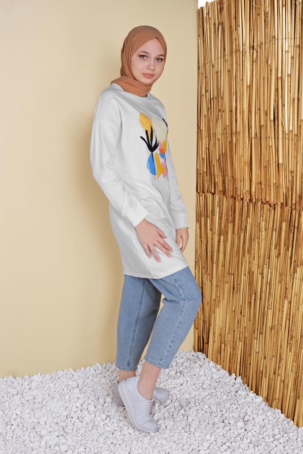 Vêtements hijab CRÈME TUNIQUE DE SURVÊTEMENT IMPRIMÉ 3456 - TRENDTESETTÜR