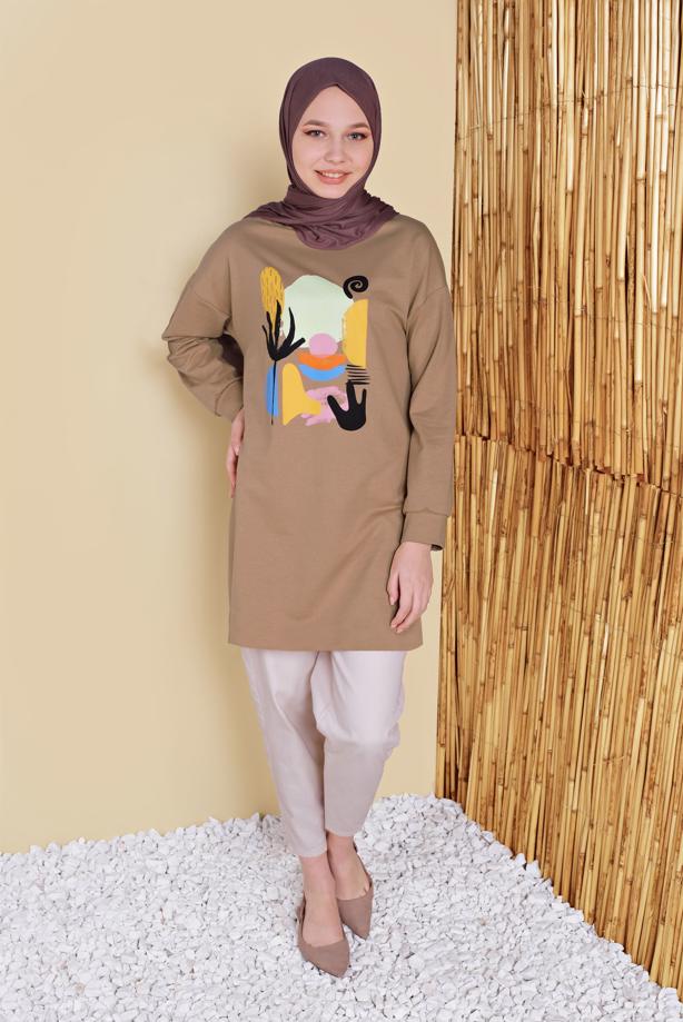 Vêtements hijab BEIGE TUNIQUE DE SURVÊTEMENT IMPRIMÉ 3456 - TRENDTESETTÜR